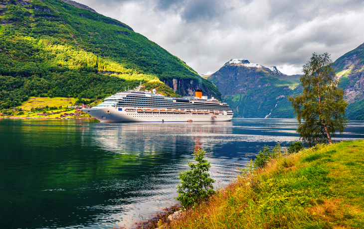 Ausblick vom Hafen Geirangers auf den Sunnylvsfjorden-Fjord, Norwegen